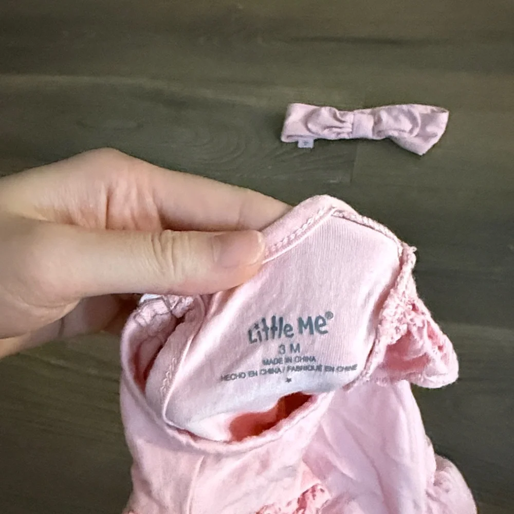 Like new little me baby girl pink ruffle dress with matching headband